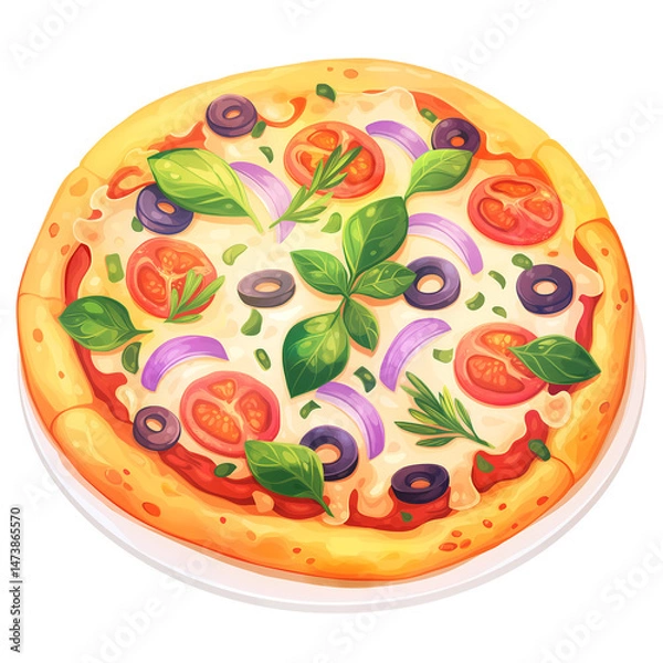 Fototapeta Colorful Cartoon Pizza with Toppings – Tasty Italian Food Illustration
