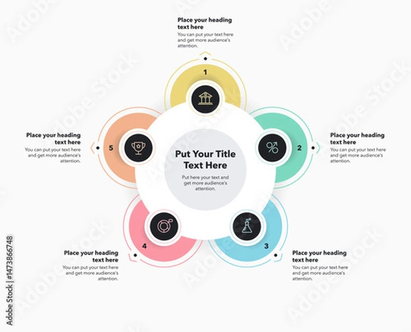 Fototapeta Circular process diagram with five colorful options. Modern infographic design with numbers and minimalistic icons for website or data presentation.