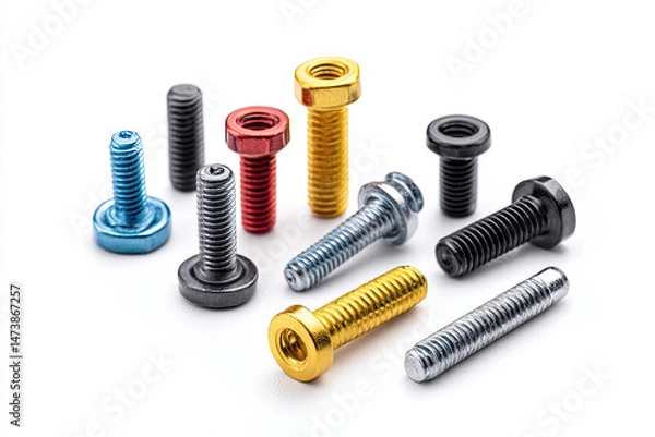 Fototapeta Collection of colorful metal screws and bolts arranged on white surface, showcasing various sizes and finishes with bright and clean appearance