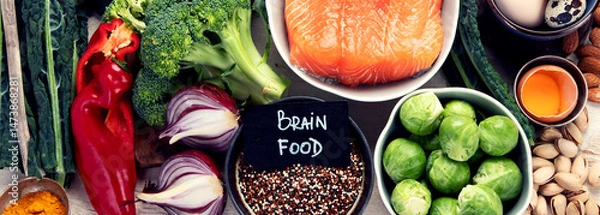 Obraz Food products representing the MIND diet, brain health.