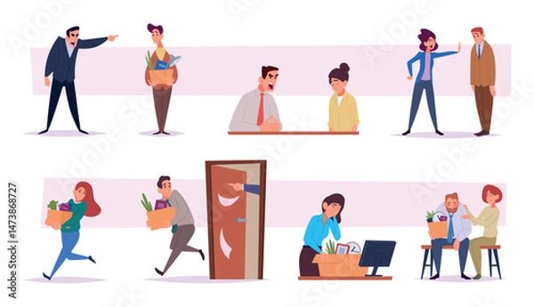 Fototapeta Dismissals people. Sad managers unemployed on work exact vector angry screaming bosses