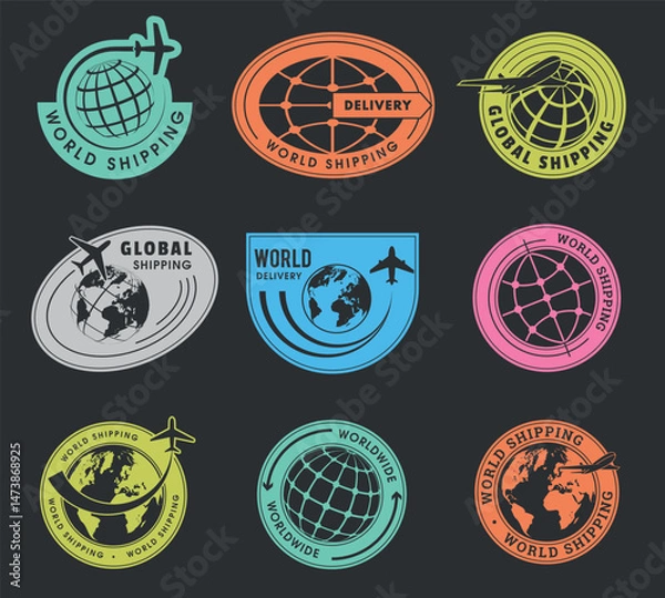 Fototapeta Worldwide shipping. Delivery service logo with circle form and planet stylized visualization recent vector map global shipment badges