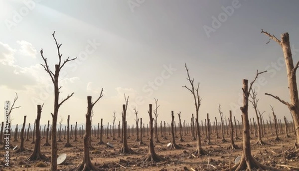 Obraz Desolate landscape with barren trees under a cloudy sky.