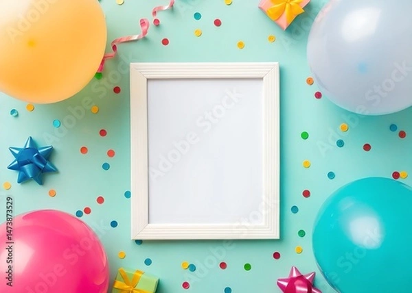 Fototapeta Beautiful happy birthday card with balloons and empty photo frame