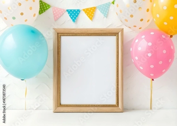 Fototapeta Beautiful happy birthday card with balloons and empty photo frame