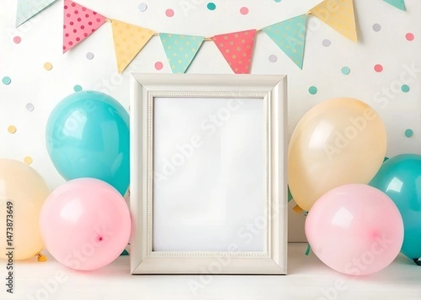 Fototapeta Beautiful happy birthday card with balloons and empty photo frame