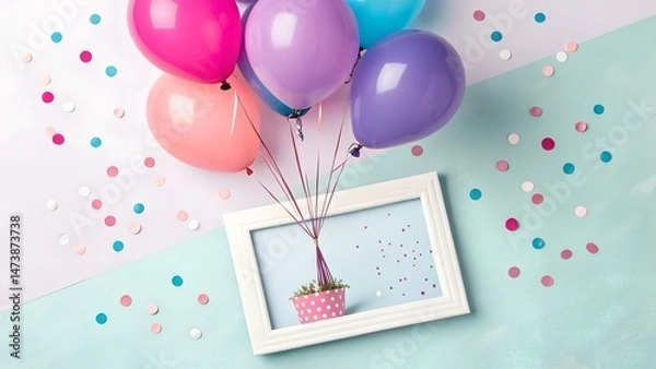 Fototapeta Beautiful happy birthday card with balloons and empty photo frame