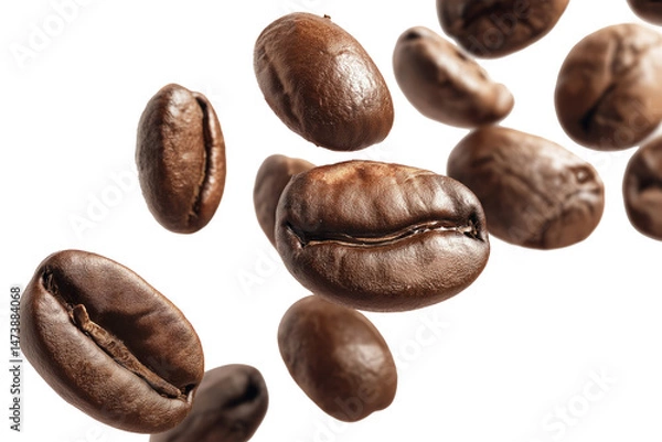 Fototapeta Shiny roasted coffee beans falling in air isolated on white background.