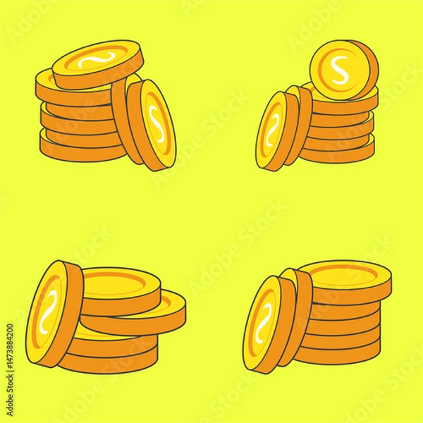 Obraz Cartoon Gold Coins Stack Set, Colorful set of four cartoon style illustrations featuring stacks of shiny gold coins with the letter "S" on a bright yellow background