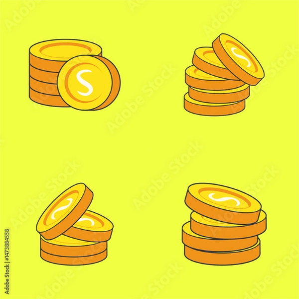 Obraz Cartoon Gold Coins Stack Set, Colorful set of four cartoon style illustrations featuring stacks of shiny gold coins with the letter "S" on a bright yellow background