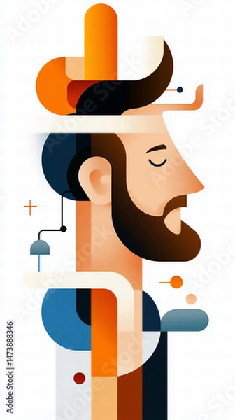 Fototapeta Stylized Profile Of A Man With Beard And Closed Eyes In Orange And Blue Hues Against White Backdrop