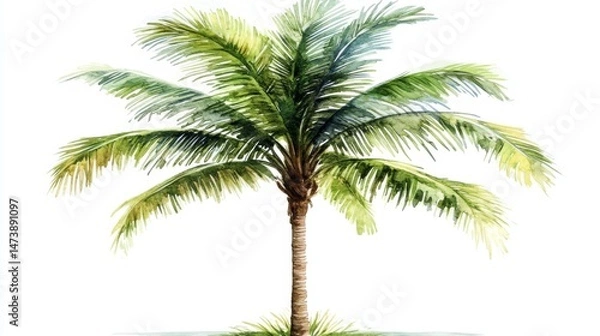 Fototapeta Tropical Hawaiian flora is depicted in a watercolor art piece featuring a palm tree isolated on a white background, perfect for greeting cards, travel, vacation, or holiday designs and prints