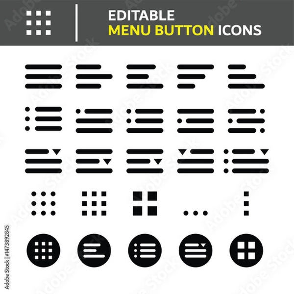 Obraz Editable Menu Button Icons Set. Black UI Elements Including Hamburger Icons, Dots, Grid, List, Dropdown, Navigation Symbols for App Interface, Web Design, Mobile UI, Minimal Flat Style