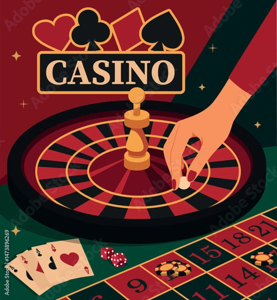 Obraz Casino logo. Vector illustration of female hand betting on casino roulette with chips, cards on background. Elegant minimalist aesthetics. Gambling, risk, night. For casino project
