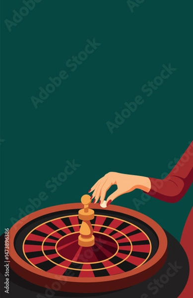 Obraz Casino. Vector illustration with space for text, female hand betting on casino roulette. Elegant minimalist aesthetics. Gambling, night atmosphere in dark red and green tones. For casino project