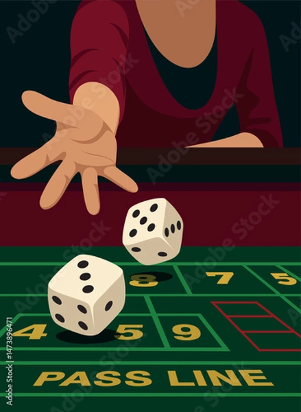 Obraz Vector flat illustration of female silhouette, woman hand throwing dice, playing dice on green casino background. Casino scene symbolizes excitement, risk. Use for casino and poker projects