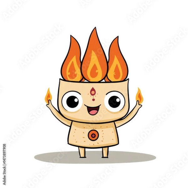 Fototapeta Cute Agni character with flames on head, cheerful expression, holding fire vibrant, playful, cartoonish, colorful, whimsical