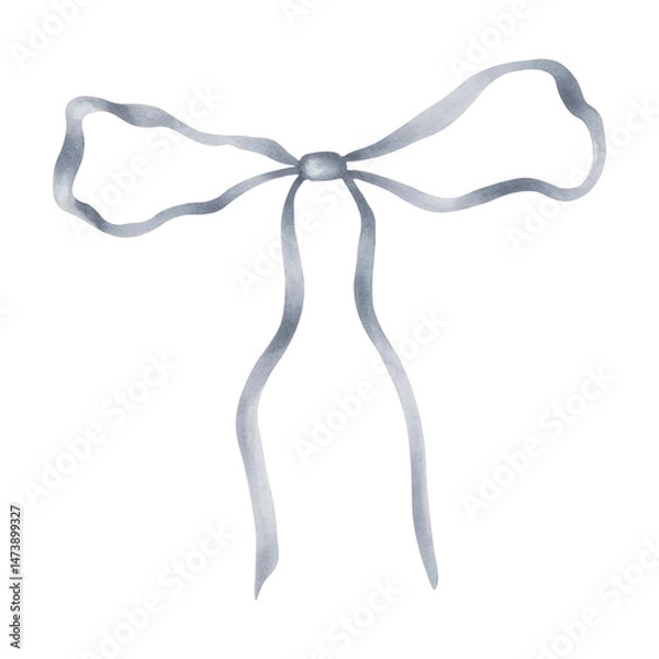 Fototapeta Gray bow with long ribbons. Watercolor, marker illustration. Hand-drawn isolated art. The ribbon is tied in a loose loop for decorating holidays, bouquets for a wedding, birthday. A knot for a gift