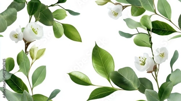 Fototapeta Minimalist leaf and wax flower design on clean white canvas, seamless botanical repeat