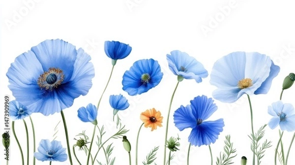 Obraz Set of soft blue summer flowers in watercolor style, including wild poppies and garden blooms