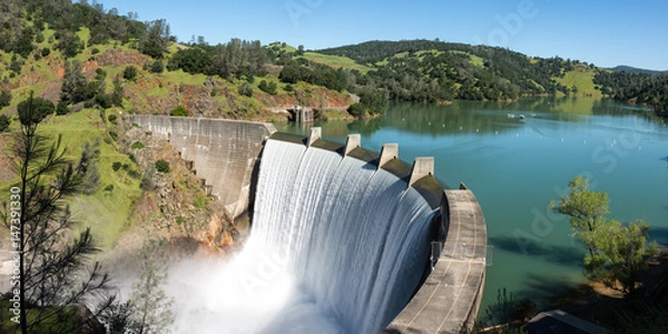 Obraz Woda przelewa się nad szczytem Englebright Dam na rzece Yuba. Większy niż zwykle śnieg w górach Sierra Nevada zwiększył odpływ do jezior i rzek w Kalifornii.