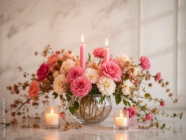 Fototapeta Pink Candles & Flowers in Vase - Elegant Arrangement
