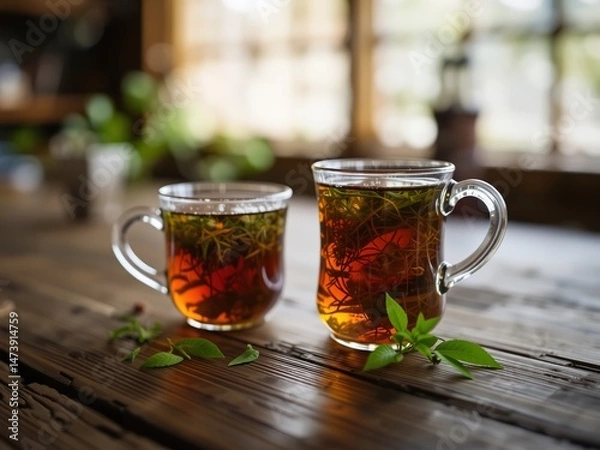 Fototapeta Refreshing Herbal Tea on Rustic Wooden Surface