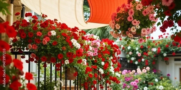 Fototapeta Rustic Balcony with Hanging Surfinias and Petunias