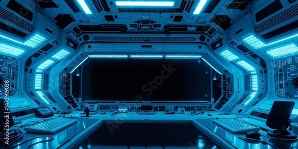 Fototapeta Sleek Futuristic Workspace with Illuminated Panels