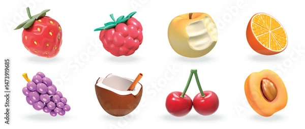 Fototapeta Fruits vector 3d icon set with Juicy Berries, Citrus, and Tropical Fruits including strawberries, raspberries, grape, orange, coconut and apricot