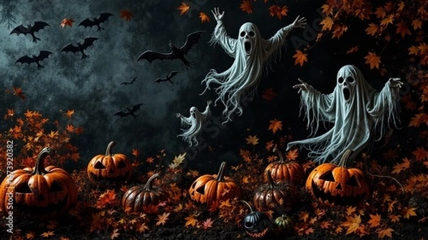 Fototapeta Spooky Autumn Ghosts and Pumpkins Background for Social Media