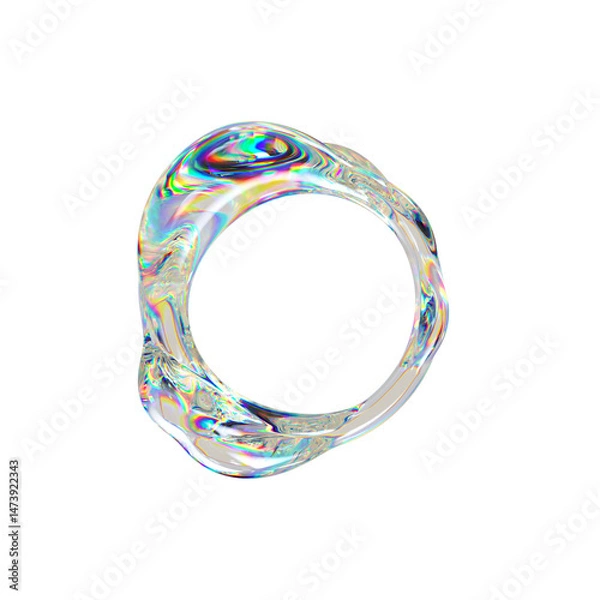 Obraz Abstract 3D glass ring with iridescent surface, liquid flow, waving shape. Transparent torus blob with colorful reflections. Ideal for modern digital design or futuristic art.