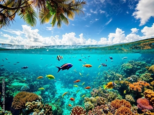 Fototapeta Tropical Paradise Meets Aquatic Wonders: Split View of Crystal Waters