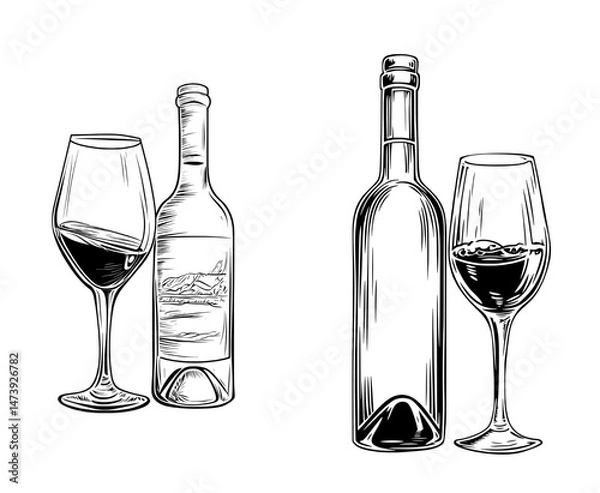 Fototapeta A winery product, the semi sweet alcohol drink is represented by a modern glass bottle, burgundy beverage, and goblet in a thin line isolated outline icon
