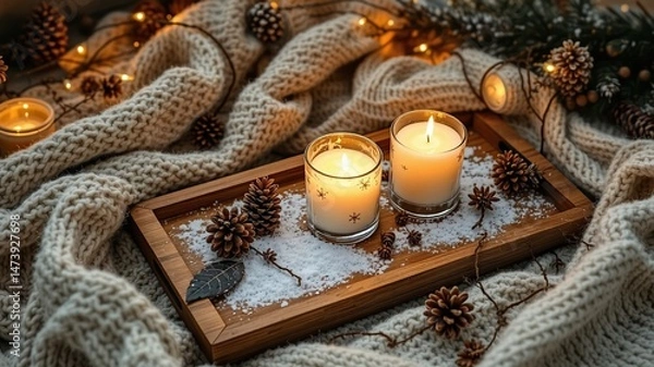 Fototapeta Winter Warmth: Candlelight, Knitted Blankets, and Pine Cones