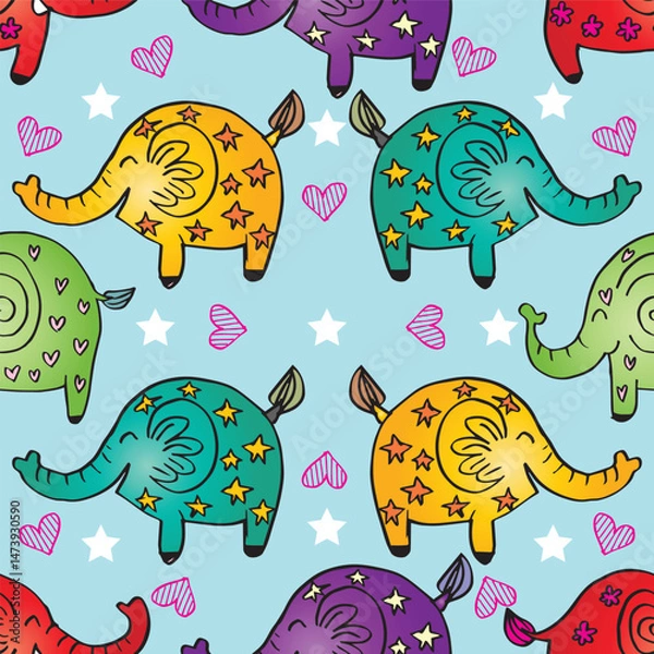 Fototapeta Seamless pattern with cute elephants. Hand drawn vector illustration.