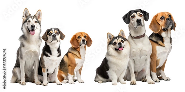 Fototapeta Group of mixed breed dogs including beagles, huskies, and other medium-sized pets sitting together on white background, AI Generative
