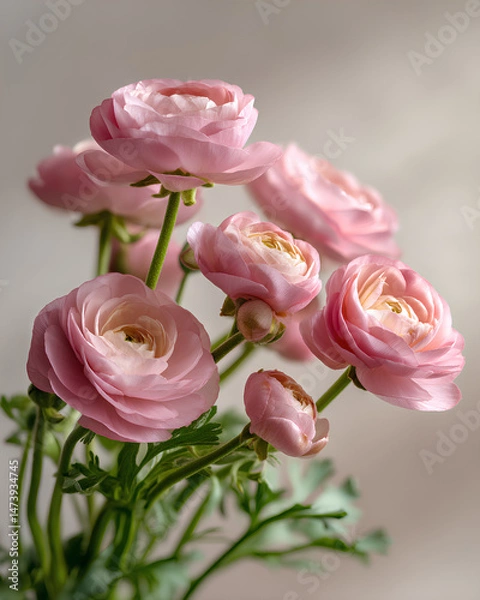 Fototapeta Soft pink Ranunculus flowers in full bloom with delicate layered petals arranged in a natural bouquet style against a light neutral background
