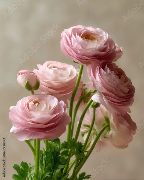 Fototapeta Soft pink Ranunculus flowers in full bloom with delicate layered petals arranged in a natural bouquet style against a light neutral background
