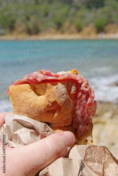 Fototapeta hand hoilding a sandwich with salami in front of the sea
