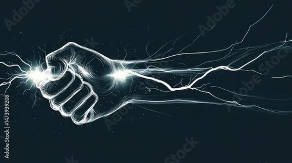 Fototapeta A clenched fist holding or releasing lightning symbolizes super strength, magical energy metaphor about controlling great power fantasy abstract art