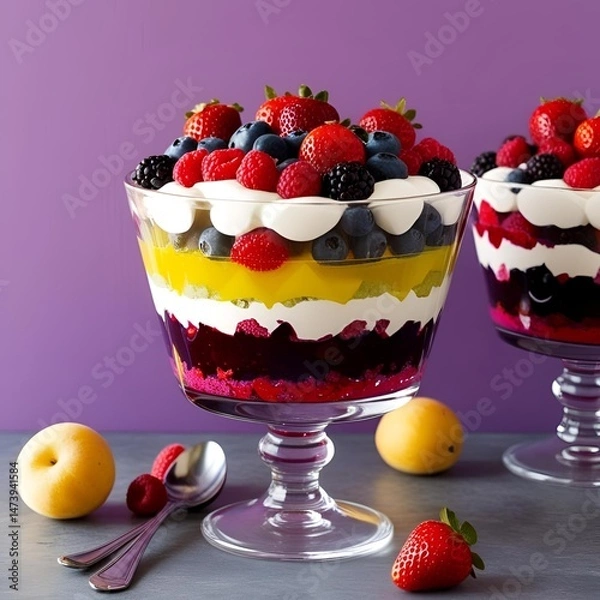 Fototapeta Mixed berry trifle served in a glass bowl with vibrant jelly layers fresh berries and whipped cream showcasing a traditional dessert with a modern colorful twist
