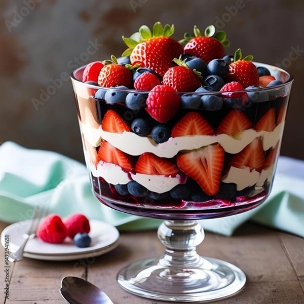 Fototapeta Mixed berry trifle served in a glass bowl with vibrant jelly layers fresh berries and whipped cream showcasing a traditional dessert with a modern colorful twist
