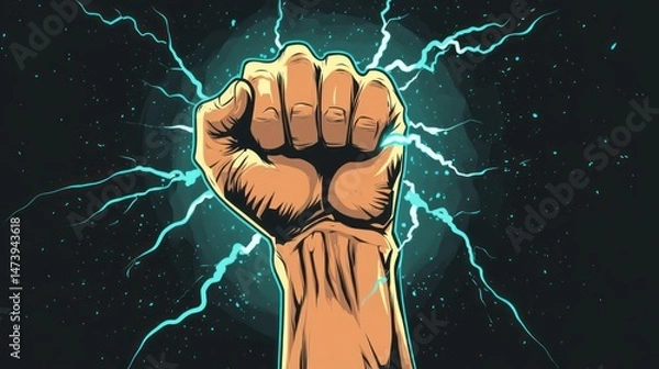 Obraz A clenched fist holding or releasing lightning symbolizes super strength, magical energy metaphor about controlling great power fantasy abstract art