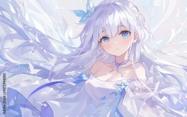 Fototapeta 躍動感あふれる白髪の美少女キャラクター・アニメスタイルのファンタジーイラスト