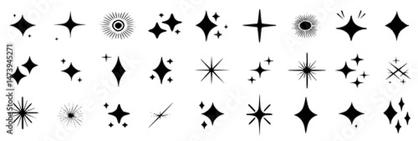 Fototapeta Sparkle Icon Vector Set — Isolated Black Star Shapes with Glittering Effects for Celebration, Galaxy, Rating, and Retro-Inspired Decorative Illustrations
