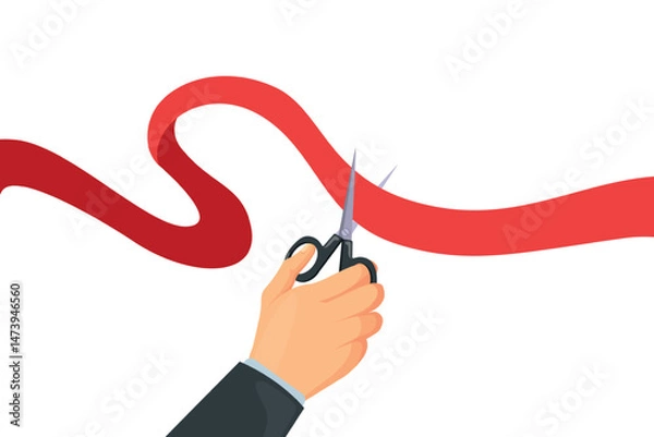 Fototapeta Hand cut red ribbon. Grand opening concept, boss hands with scissors cutting ribbon business launch startup businessman new project event celebration cartoon vector illustration