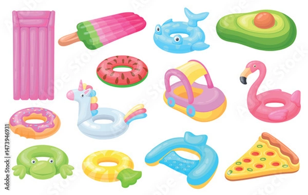 Fototapeta Swimming rings and mattress. Inflatable swim ring for summer sea beach or pool, cartoon floater rubber circle buoy float tube lifebuoy water animal toy set neat vector illustration