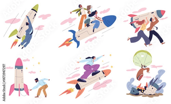 Fototapeta People flying rocket. Teamwork success startup business failure concept, entrepreneur launch ship team start up growth progress internship achievement classy vector illustration