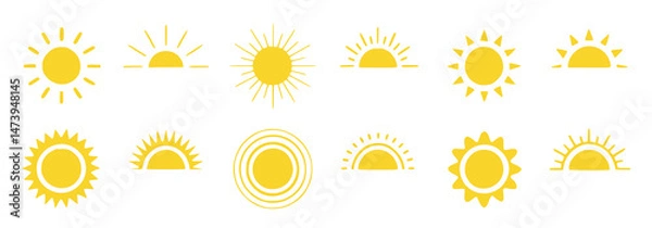 Fototapeta Cute Cartoon Sun Character — Smiling Yellow Face with Rosy Cheeks, Sunshine Rays, and Playful Emotions for Kids’ Summer Design and Positive Vector Illustrations
